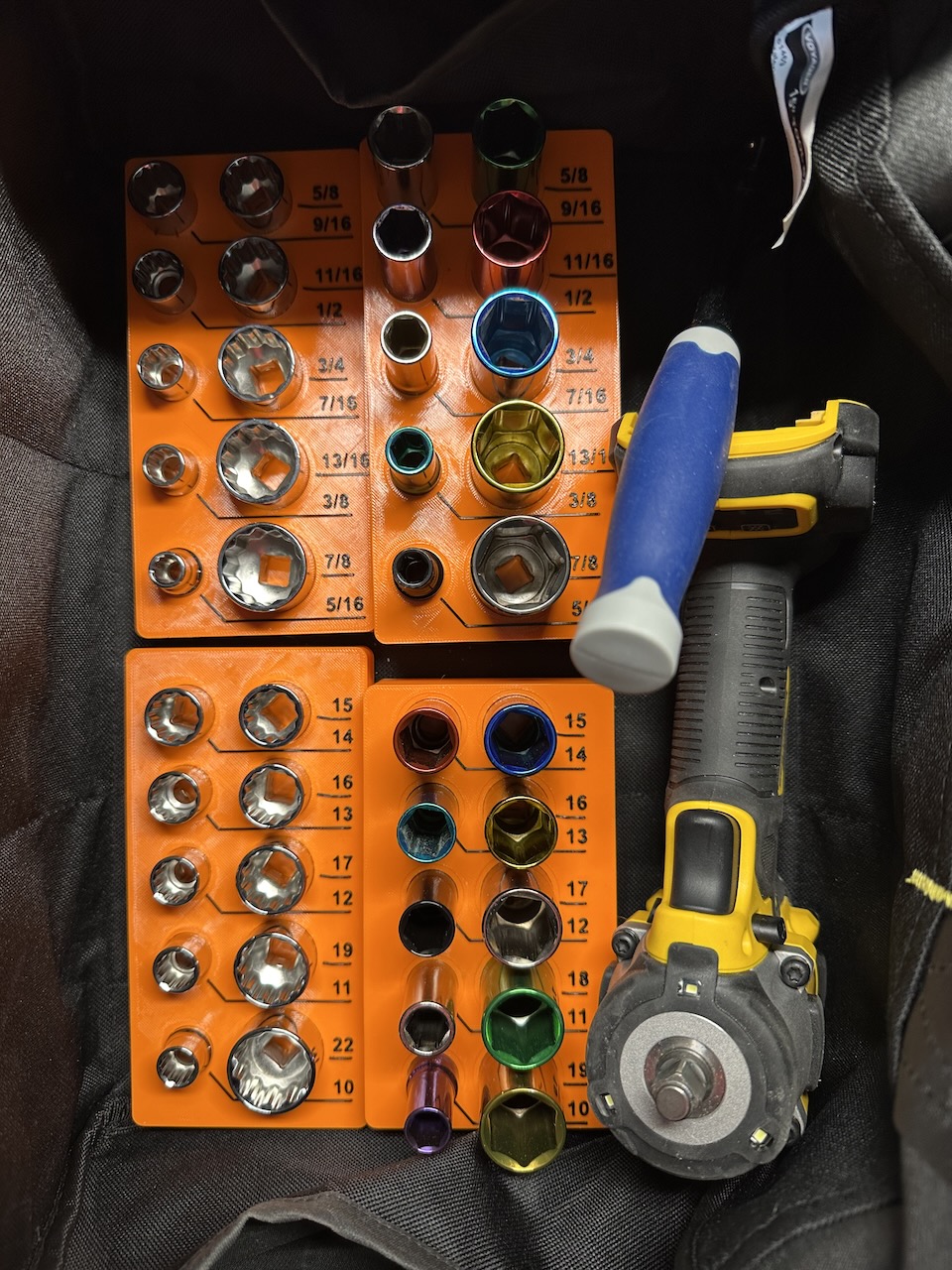 The resulting 4 socket organizers at home in their tool bag