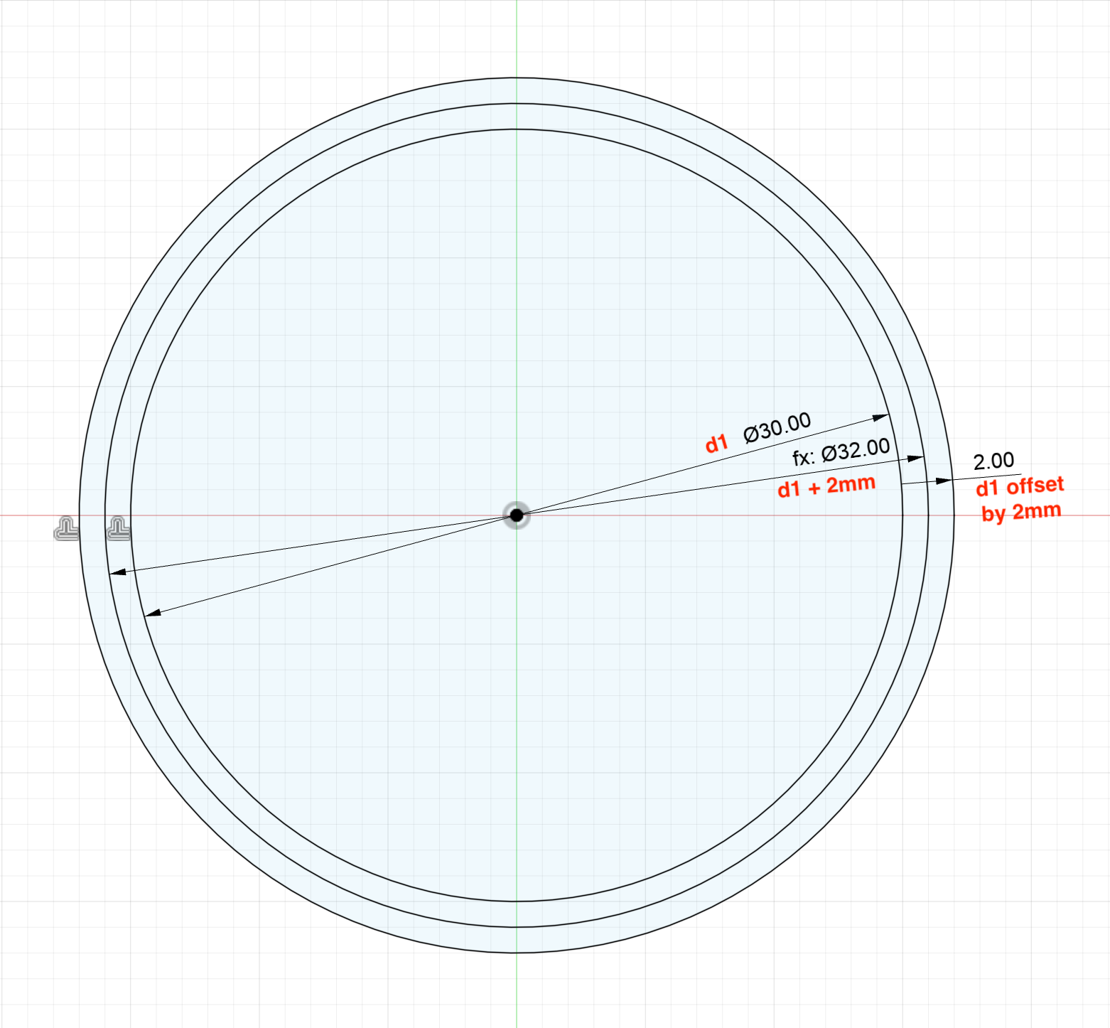 Autodesk Fusion sketch demonstrating offset vs. diameter adjustment